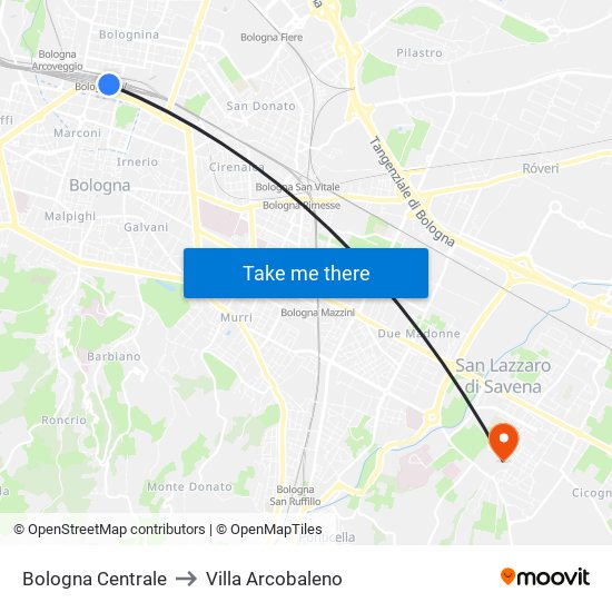 Bologna Centrale to Villa Arcobaleno map