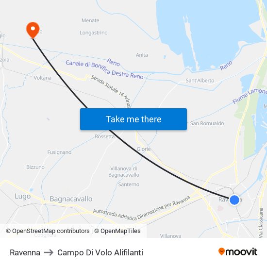 Ravenna to Campo Di Volo Alifilanti map