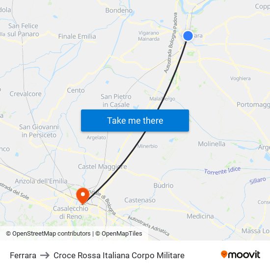 Ferrara to Croce Rossa Italiana Corpo Militare map