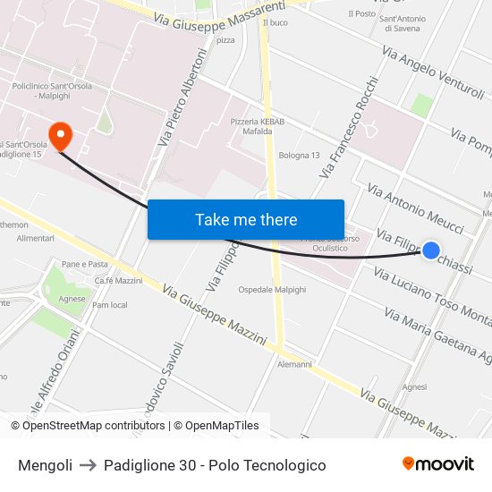 Mengoli to Padiglione 30 - Polo Tecnologico map