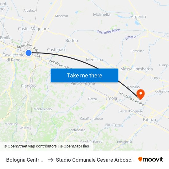 Bologna Centrale to Stadio Comunale Cesare Arboscelli map