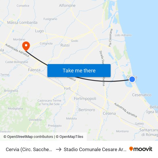 Cervia (Circ. Sacchetti Est) to Stadio Comunale Cesare Arboscelli map