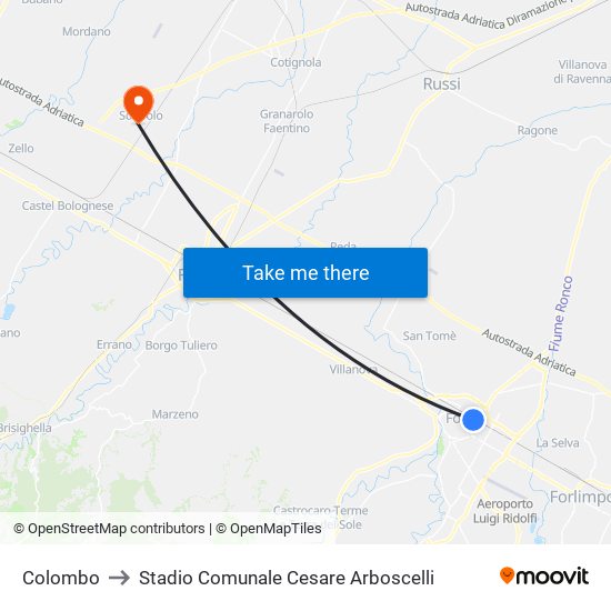 Colombo to Stadio Comunale Cesare Arboscelli map