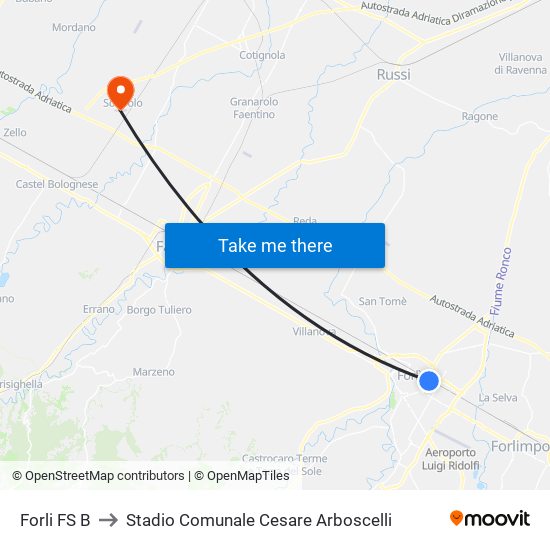 Forli FS B to Stadio Comunale Cesare Arboscelli map