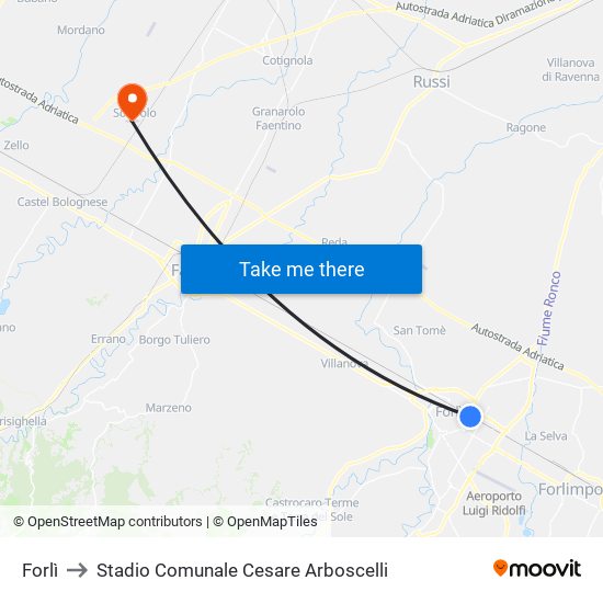 Forlì to Stadio Comunale Cesare Arboscelli map