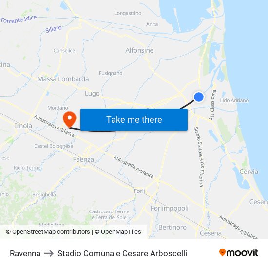 Ravenna to Stadio Comunale Cesare Arboscelli map