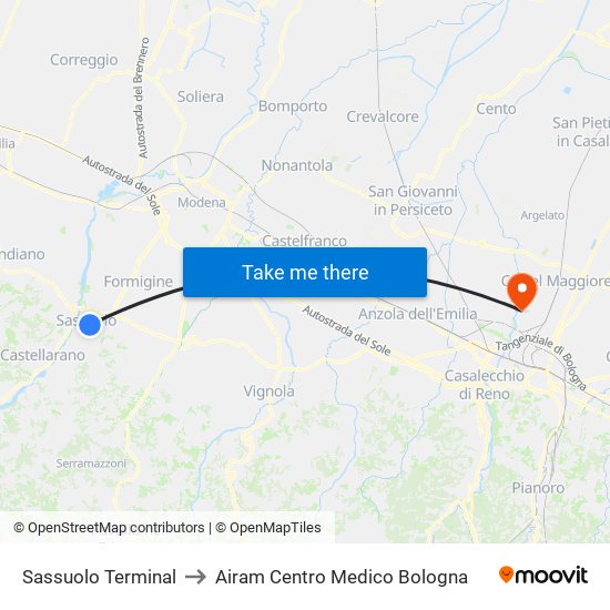 Sassuolo Terminal to Airam Centro Medico Bologna map