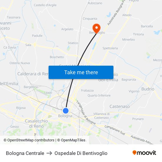 Bologna Centrale to Ospedale Di Bentivoglio map