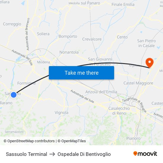 Sassuolo Terminal to Ospedale Di Bentivoglio map