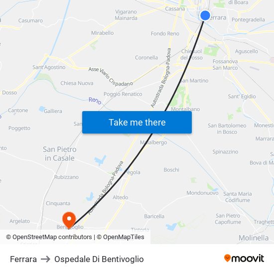 Ferrara to Ospedale Di Bentivoglio map