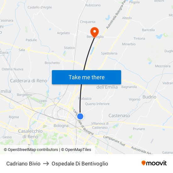 Cadriano Bivio to Ospedale Di Bentivoglio map