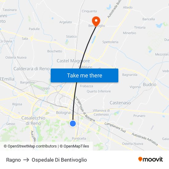 Ragno to Ospedale Di Bentivoglio map