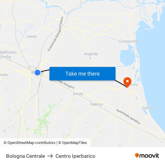 Bologna Centrale to Centro Iperbarico map
