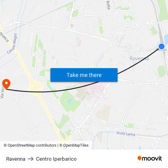 Ravenna to Centro Iperbarico map