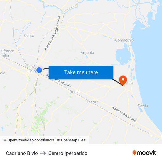 Cadriano Bivio to Centro Iperbarico map