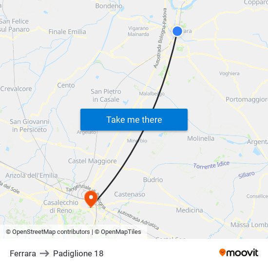 Ferrara to Padiglione 18 map