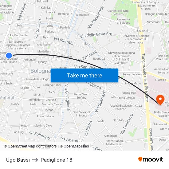 Ugo Bassi to Padiglione 18 map