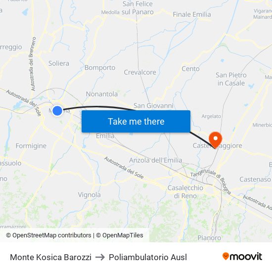 Monte Kosica Barozzi to Poliambulatorio Ausl map