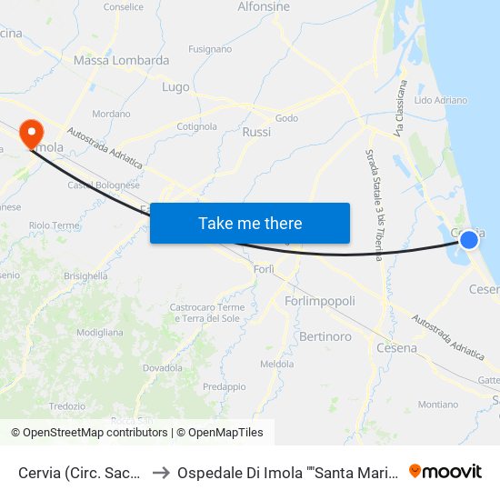 Cervia (Circ. Sacchetti Est) to Ospedale Di Imola ""Santa Maria Della Scaletta"" map