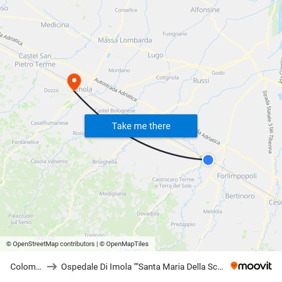 Colombo to Ospedale Di Imola ""Santa Maria Della Scaletta"" map
