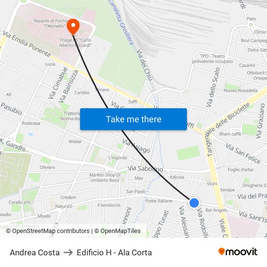 Andrea Costa to Edificio H - Ala Corta map