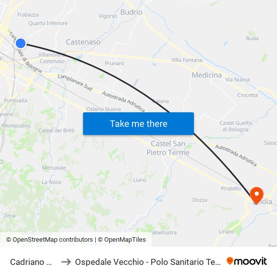 Cadriano Bivio to Ospedale Vecchio - Polo Sanitario Territoriale map