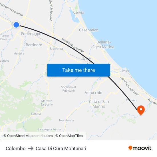 Colombo to Casa Di Cura Montanari map