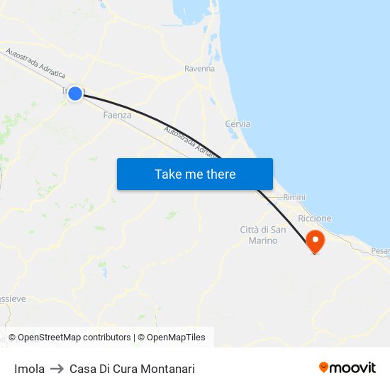 Imola to Casa Di Cura Montanari map