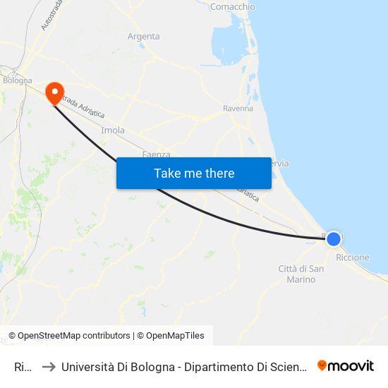 Rimini to Università Di Bologna - Dipartimento Di Scienze Mediche Veterinarie map