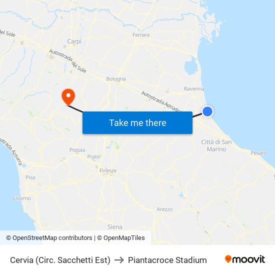 Cervia (Circ. Sacchetti Est) to Piantacroce Stadium map