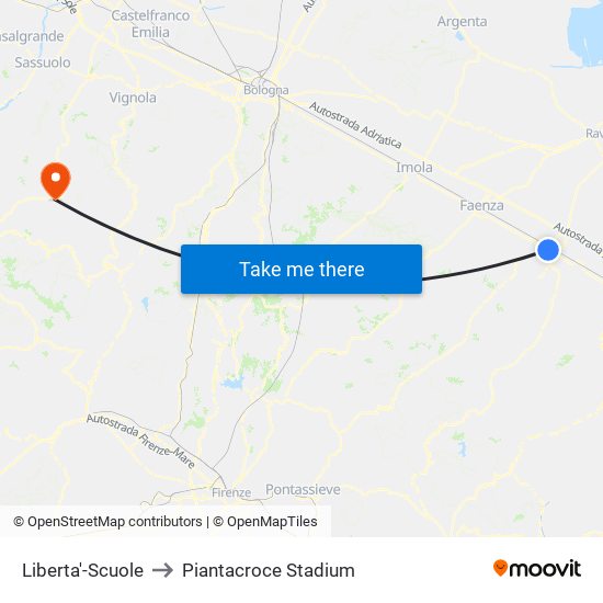 Liberta'-Scuole to Piantacroce Stadium map