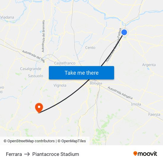 Ferrara to Piantacroce Stadium map