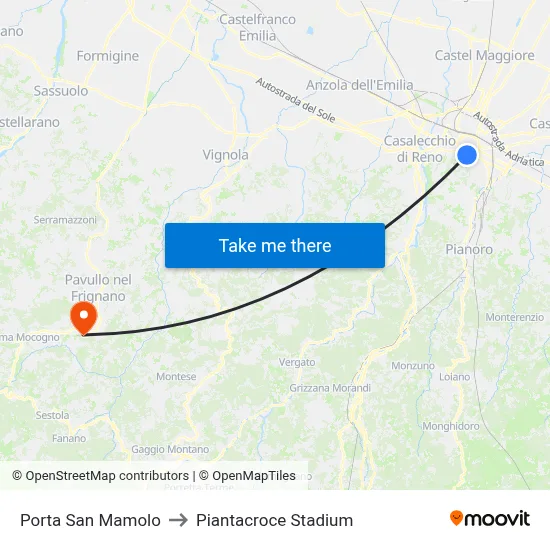 Porta San Mamolo to Piantacroce Stadium map