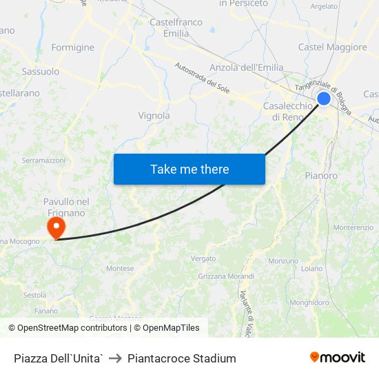 Piazza Dell`Unita` to Piantacroce Stadium map
