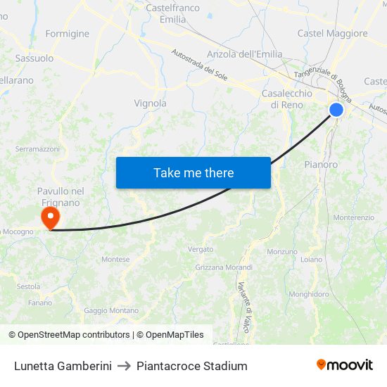 Lunetta Gamberini to Piantacroce Stadium map