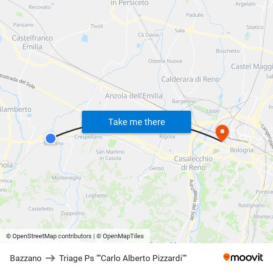 Bazzano to Triage Ps ""Carlo Alberto Pizzardi"" map