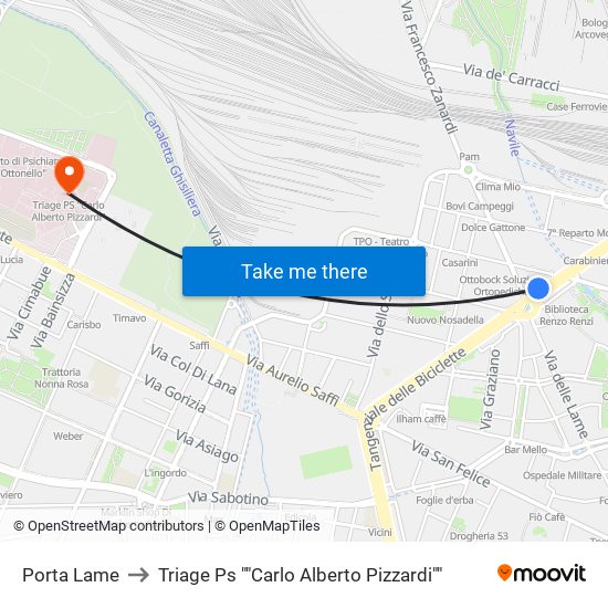 Porta Lame to Triage Ps ""Carlo Alberto Pizzardi"" map