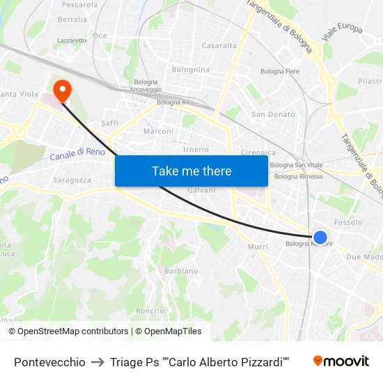 Pontevecchio to Triage Ps ""Carlo Alberto Pizzardi"" map