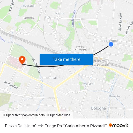 Piazza Dell`Unita` to Triage Ps ""Carlo Alberto Pizzardi"" map