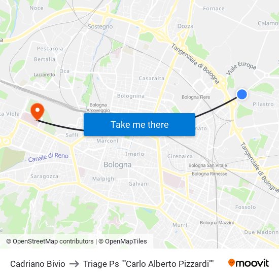 Cadriano Bivio to Triage Ps ""Carlo Alberto Pizzardi"" map