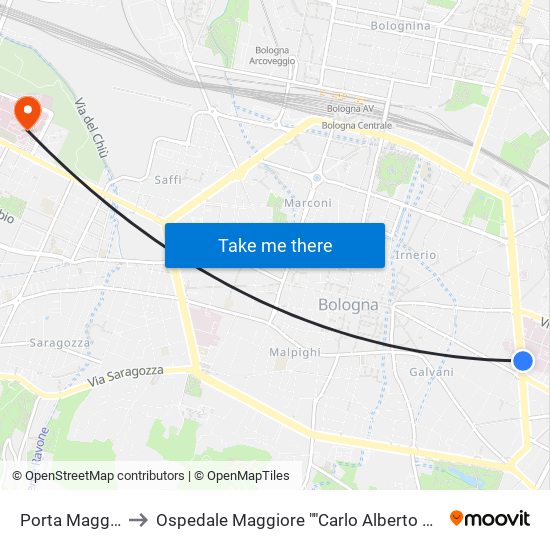 Porta Maggiore to Ospedale Maggiore ""Carlo Alberto Pizzardi"" map