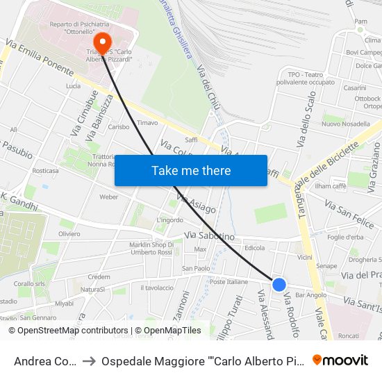Andrea Costa to Ospedale Maggiore ""Carlo Alberto Pizzardi"" map