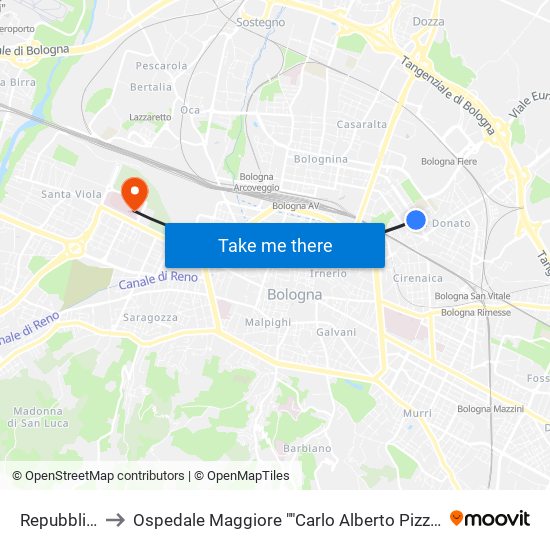 Repubblica to Ospedale Maggiore ""Carlo Alberto Pizzardi"" map