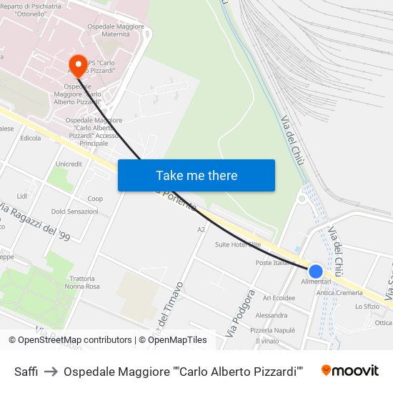 Saffi to Ospedale Maggiore ""Carlo Alberto Pizzardi"" map