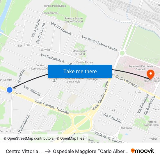 Centro Vittoria - Mast to Ospedale Maggiore ""Carlo Alberto Pizzardi"" map