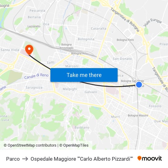 Parco to Ospedale Maggiore ""Carlo Alberto Pizzardi"" map