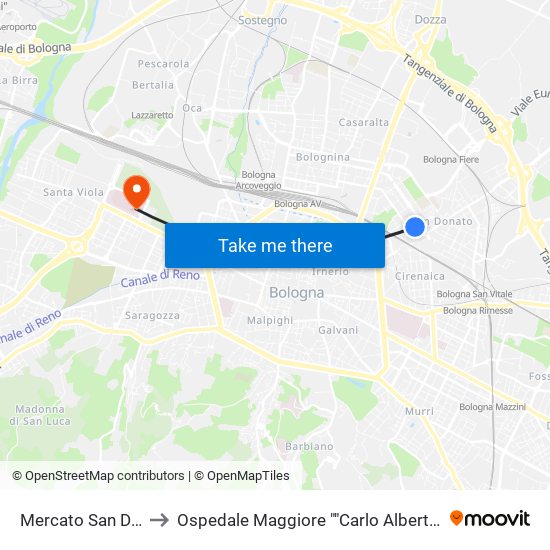 Mercato San Donato to Ospedale Maggiore ""Carlo Alberto Pizzardi"" map