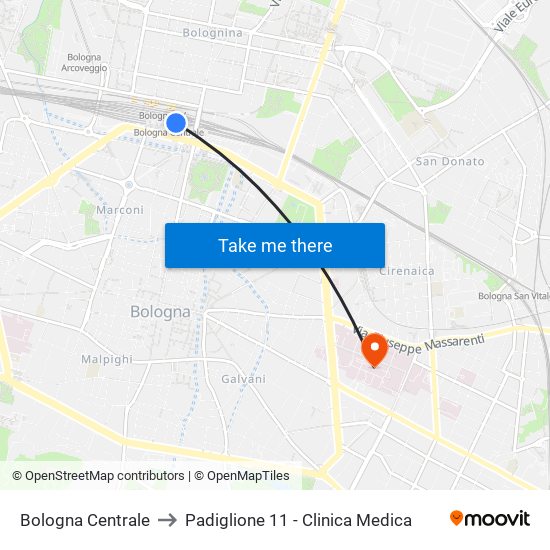 Bologna Centrale to Padiglione 11 - Clinica Medica map