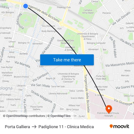 Porta Galliera to Padiglione 11 - Clinica Medica map