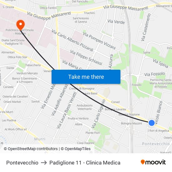 Pontevecchio to Padiglione 11 - Clinica Medica map